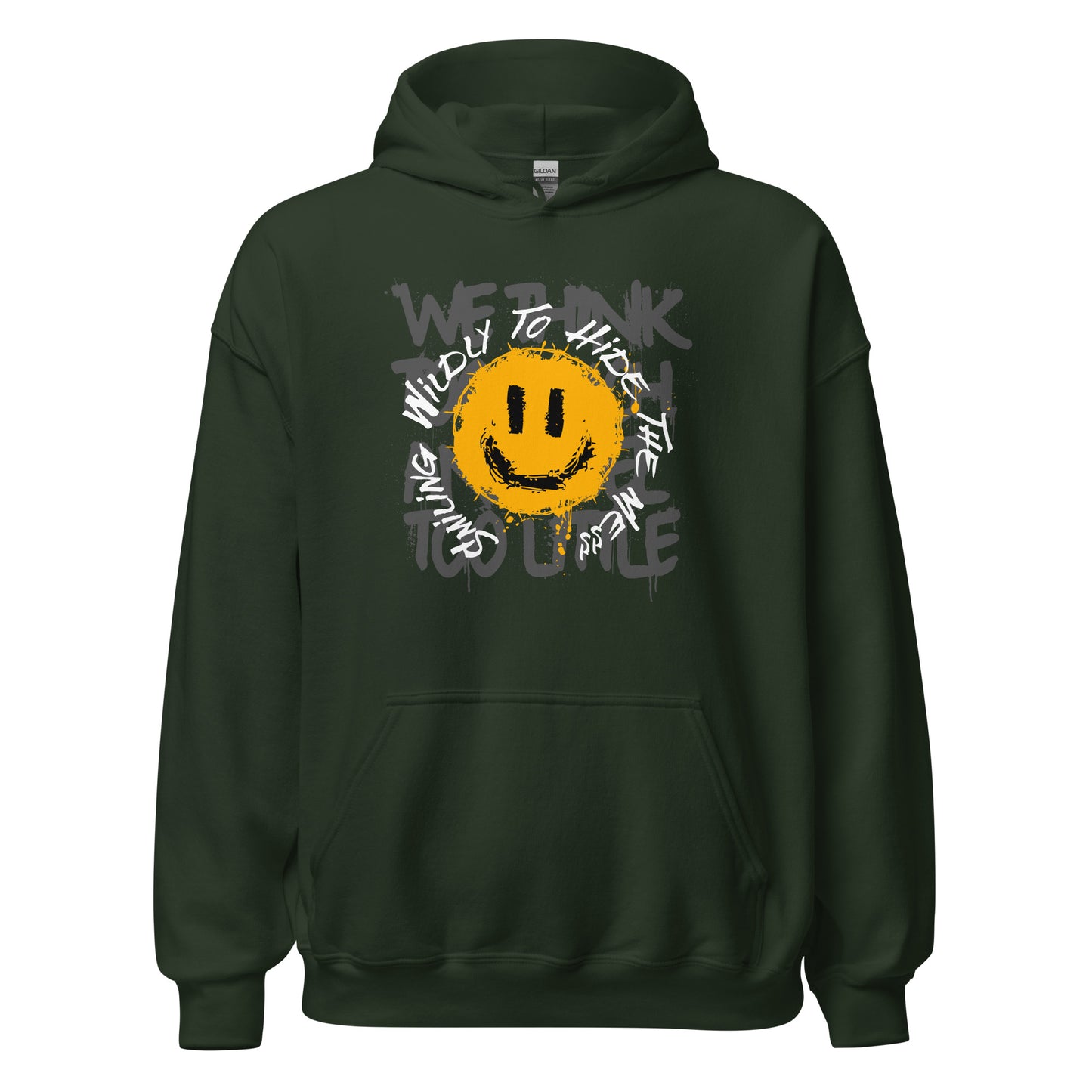 Unisex hoodie with distressed yellow smiley face and graffiti-style “Smiling Wildly To Hide The Mess” text, black fleece hoodie by LostLogicCo Canada