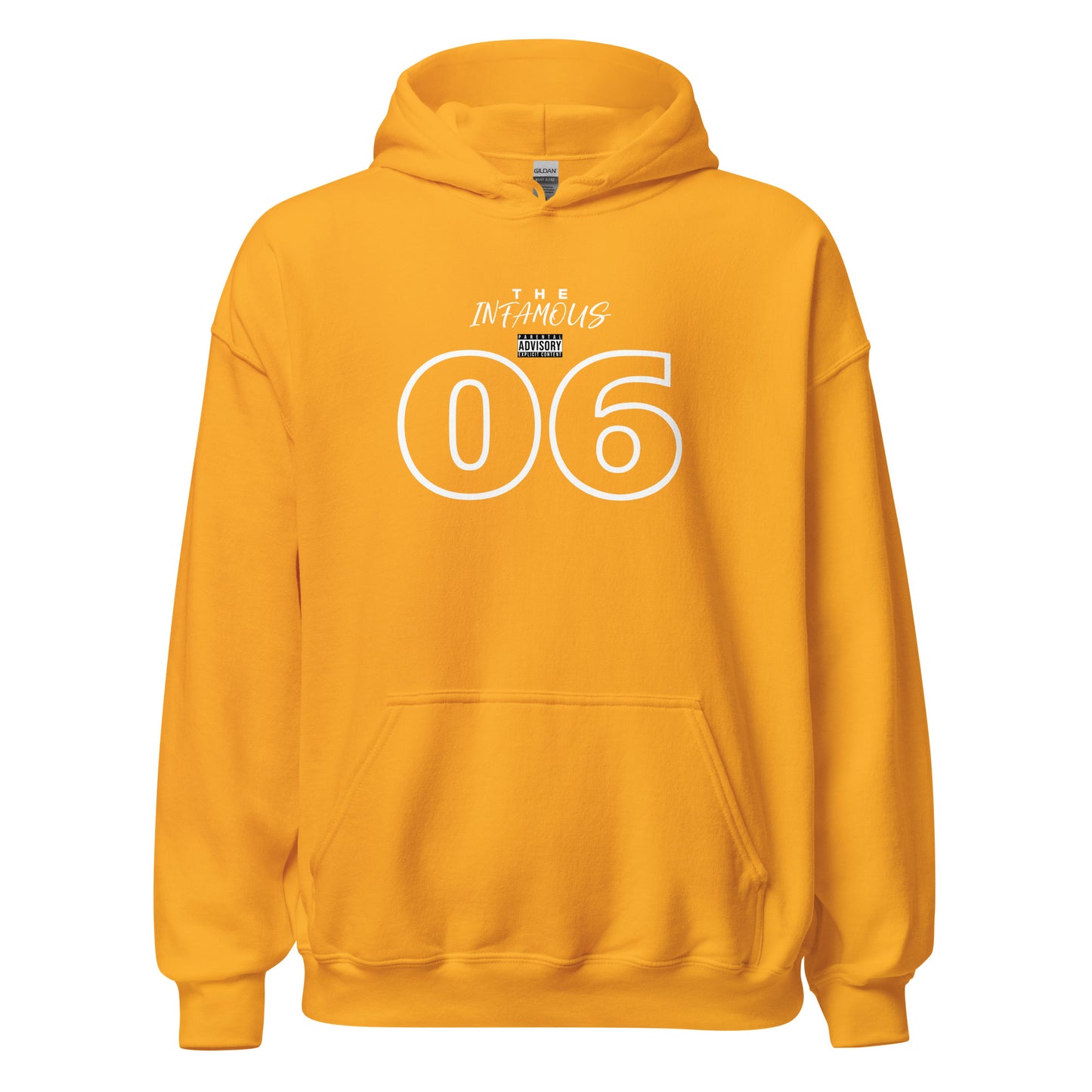 Unisex hoodie with outlined “06” graphic and “The Infamous” text, black fleece hoodie by LostLogicCo Canada