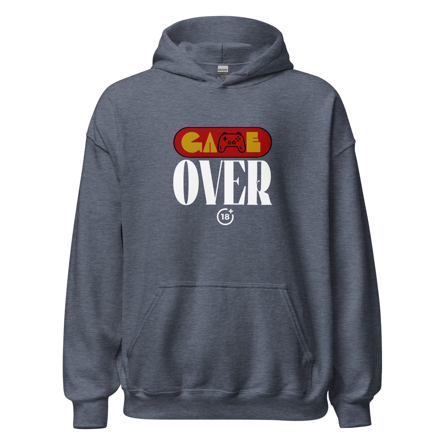 Unisex hoodie with “Game Over” retro gaming graphic in red, yellow, and white, black fleece hoodie by LostLogicCo Canada