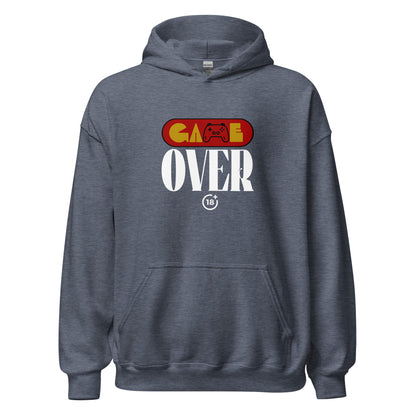 Unisex hoodie with “Game Over” retro gaming graphic in red, yellow, and white, black fleece hoodie by LostLogicCo Canada
