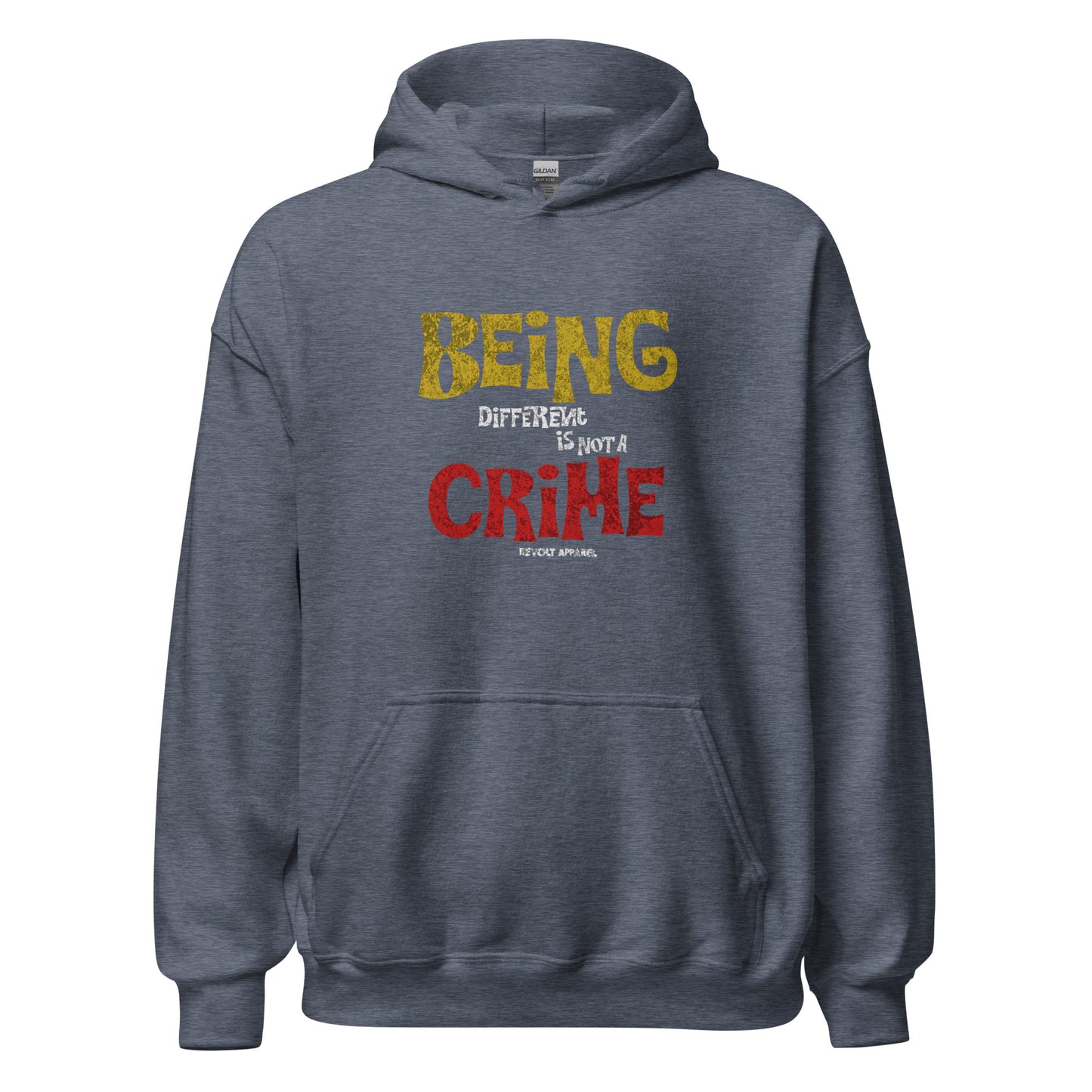 Unisex hoodie with yellow and red distressed typography reading “Being Different Is Not a Crime,” black fleece hoodie by LostLogicCo Canada