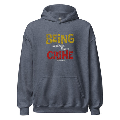 Unisex hoodie with yellow and red distressed typography reading “Being Different Is Not a Crime,” black fleece hoodie by LostLogicCo Canada
