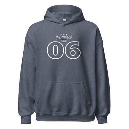 Unisex hoodie with outlined “06” graphic and “The Infamous” text, black fleece hoodie by LostLogicCo Canada