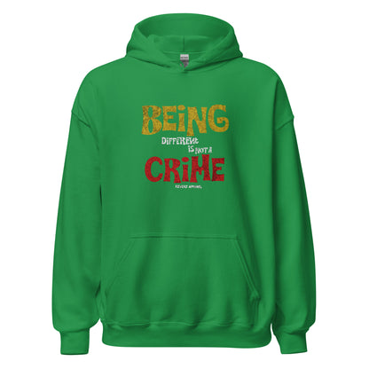 Unisex hoodie with yellow and red distressed typography reading “Being Different Is Not a Crime,” black fleece hoodie by LostLogicCo Canada