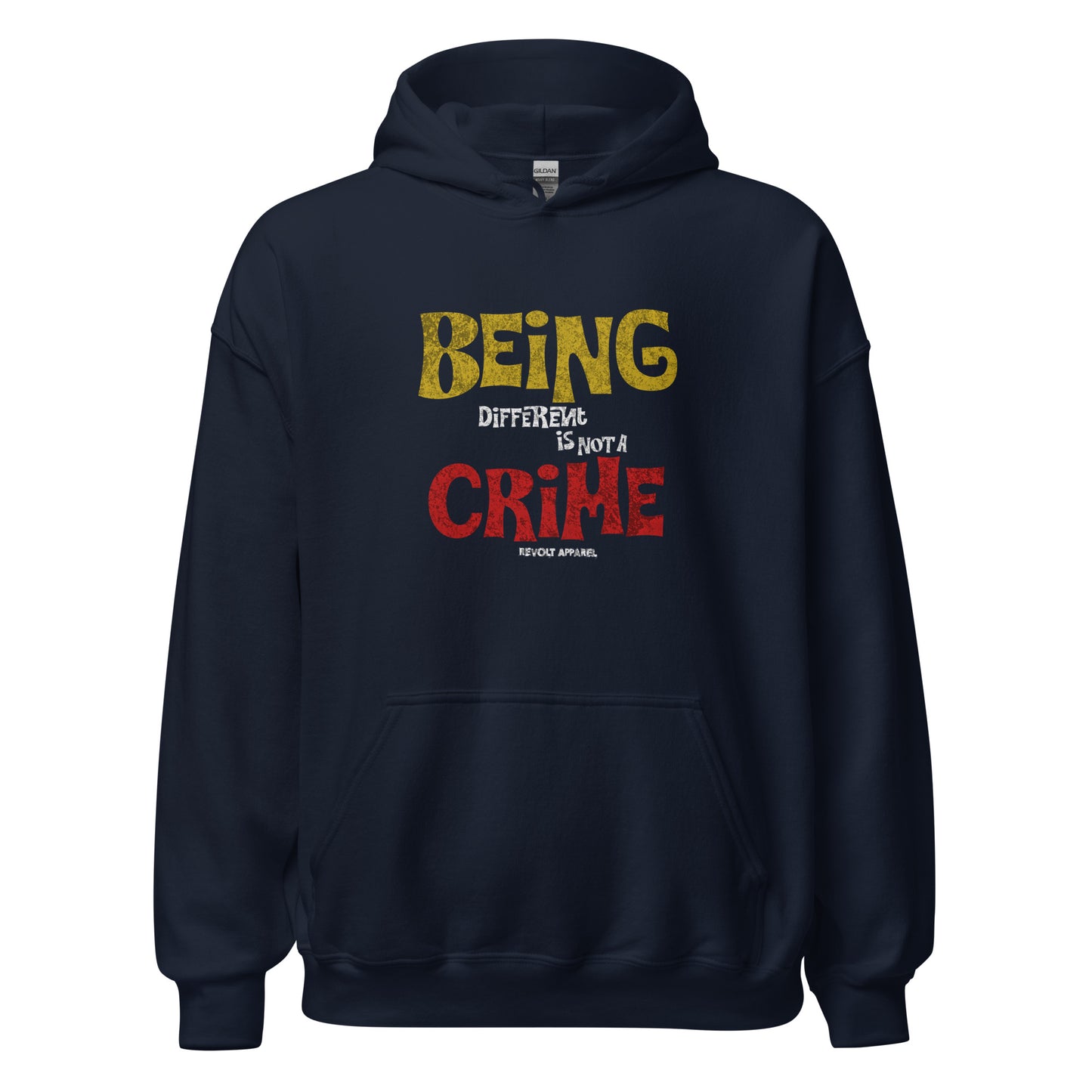 Unisex hoodie with yellow and red distressed typography reading “Being Different Is Not a Crime,” black fleece hoodie by LostLogicCo Canada