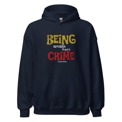 Unisex hoodie with yellow and red distressed typography reading “Being Different Is Not a Crime,” black fleece hoodie by LostLogicCo Canada