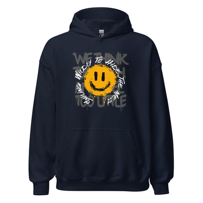 Unisex hoodie with distressed yellow smiley face and graffiti-style “Smiling Wildly To Hide The Mess” text, black fleece hoodie by LostLogicCo Canada
