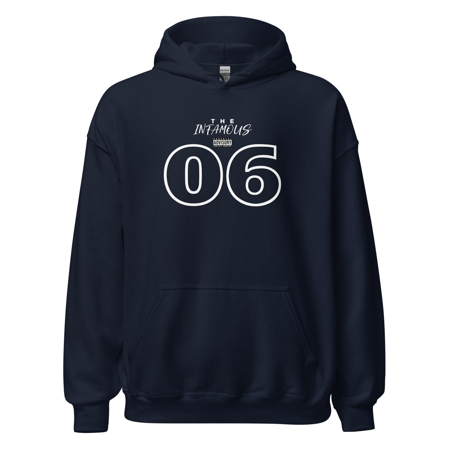 Unisex hoodie with outlined “06” graphic and “The Infamous” text, black fleece hoodie by LostLogicCo Canada