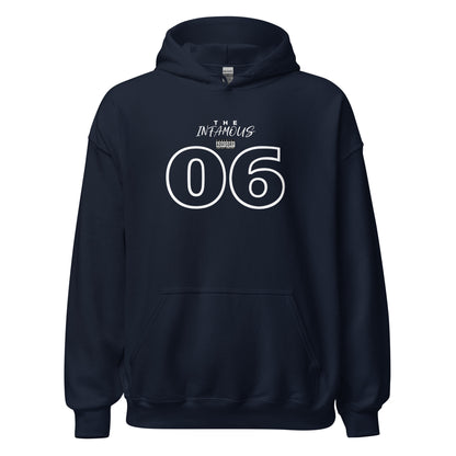 Unisex hoodie with outlined “06” graphic and “The Infamous” text, black fleece hoodie by LostLogicCo Canada