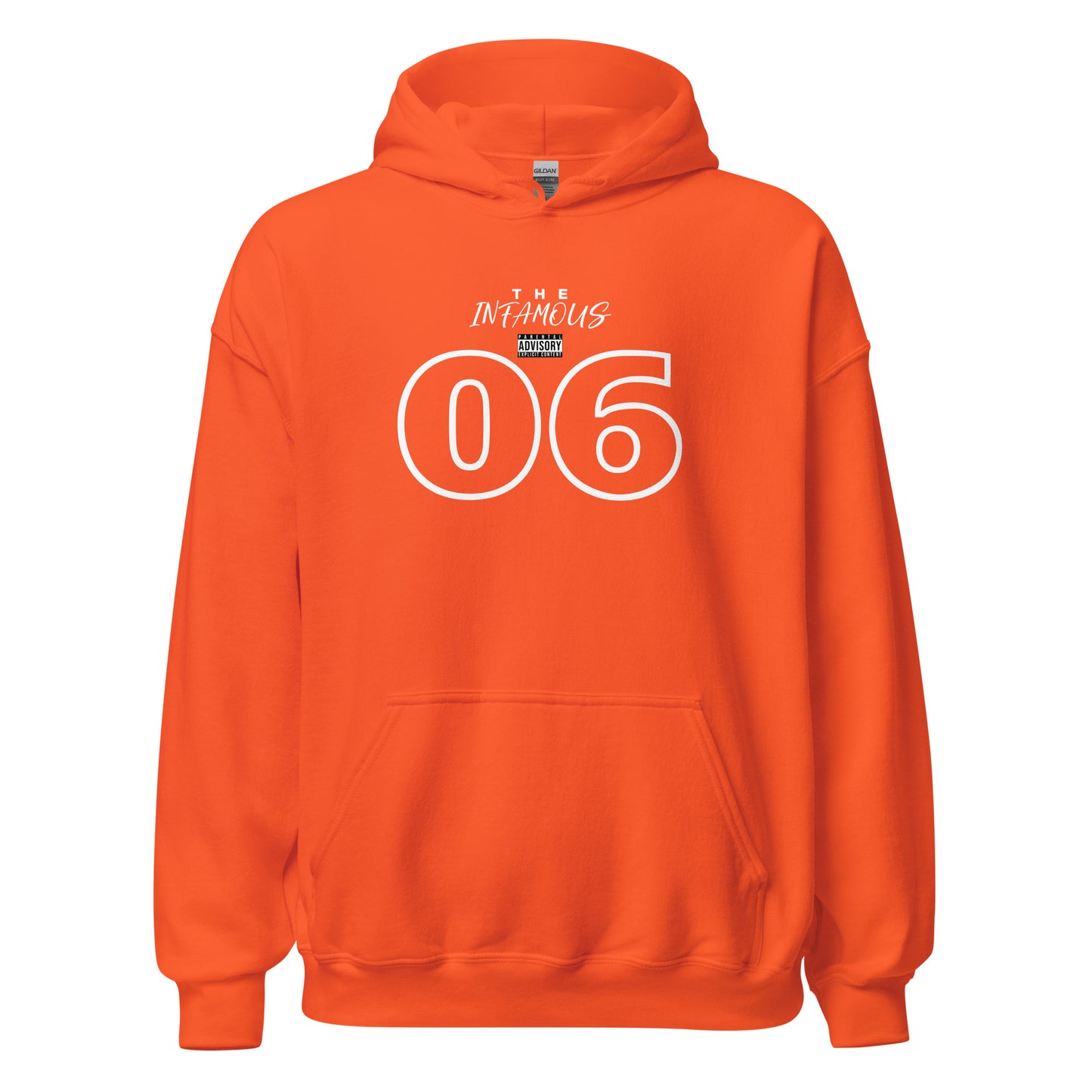 Unisex hoodie with outlined “06” graphic and “The Infamous” text, black fleece hoodie by LostLogicCo Canada