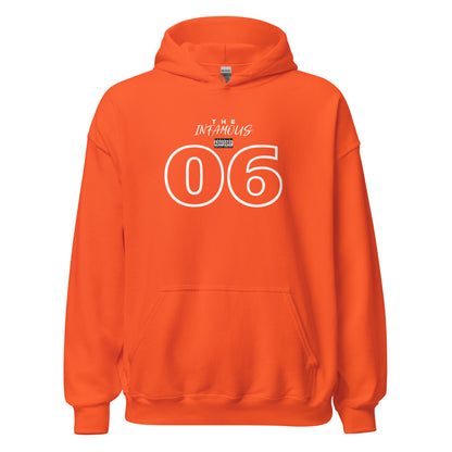 Unisex hoodie with outlined “06” graphic and “The Infamous” text, black fleece hoodie by LostLogicCo Canada