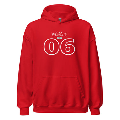Unisex hoodie with outlined “06” graphic and “The Infamous” text, black fleece hoodie by LostLogicCo Canada