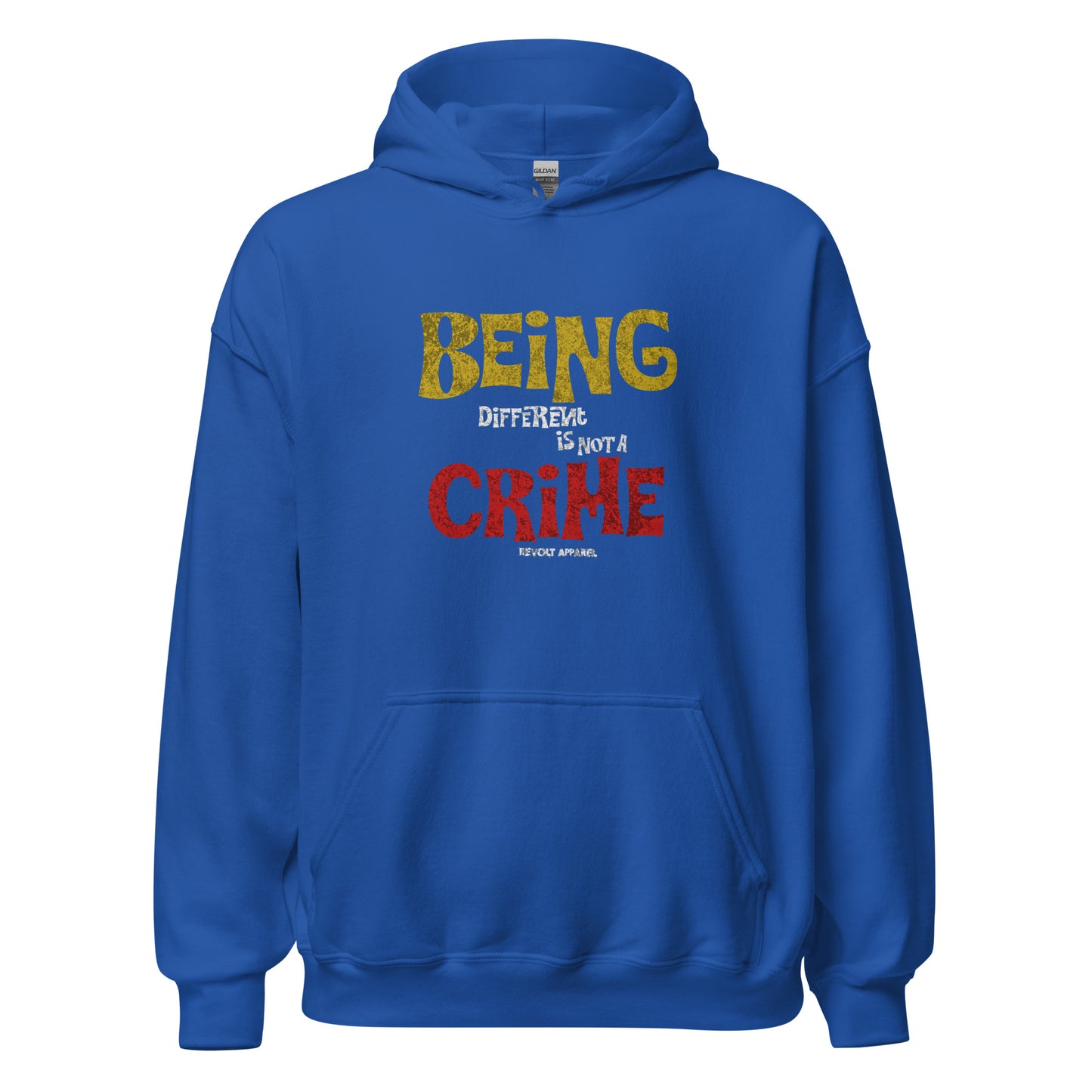Unisex hoodie with yellow and red distressed typography reading “Being Different Is Not a Crime,” black fleece hoodie by LostLogicCo Canada