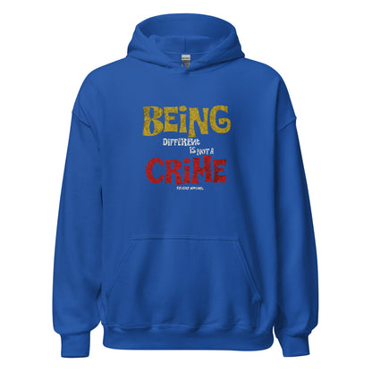 Unisex hoodie with yellow and red distressed typography reading “Being Different Is Not a Crime,” black fleece hoodie by LostLogicCo Canada