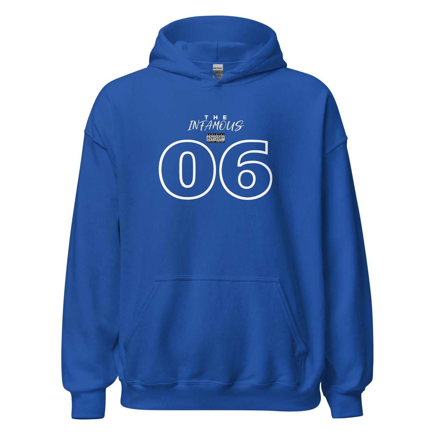 Unisex hoodie with outlined “06” graphic and “The Infamous” text, black fleece hoodie by LostLogicCo Canada