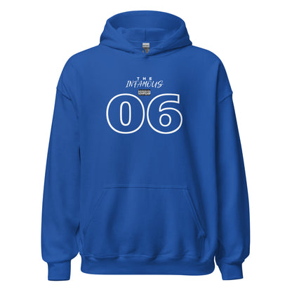 Unisex hoodie with outlined “06” graphic and “The Infamous” text, black fleece hoodie by LostLogicCo Canada