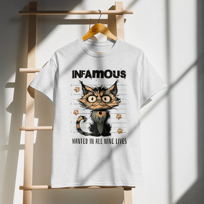 Unisex t-shirt with cartoon cat mugshot and “Infamous Cat” text, funny animal graphic tee by LostLogicCo Canada