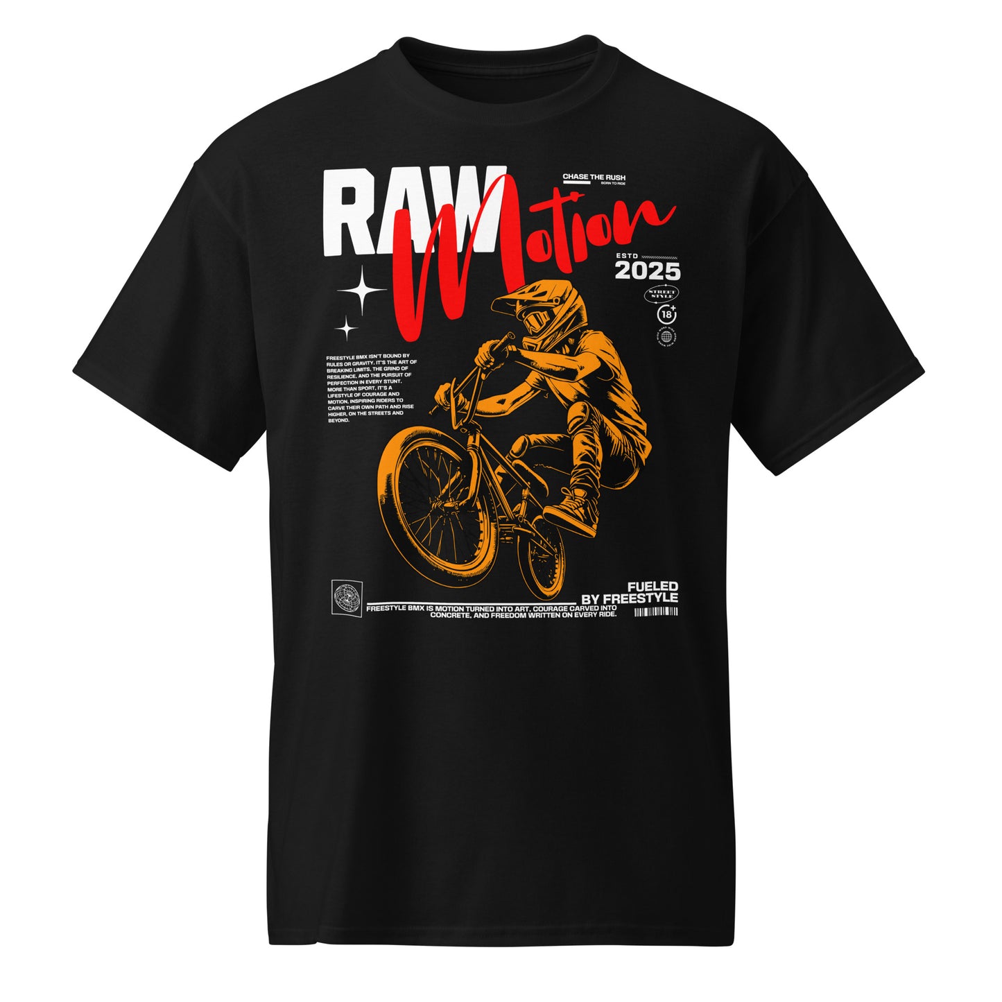 Unisex t-shirt with orange BMX rider design and “RAW Motion 2025” text, high-energy sports graphic tee by LostLogicCo Canada