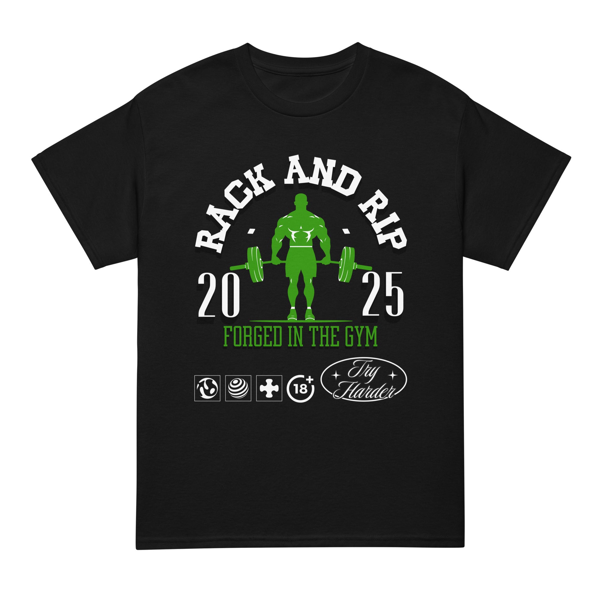 Unisex fitness t-shirt with “RACK AND RIP Forged in the Gym” design featuring green weightlifter, DryBlend sports tee by LostLogicCo Canada