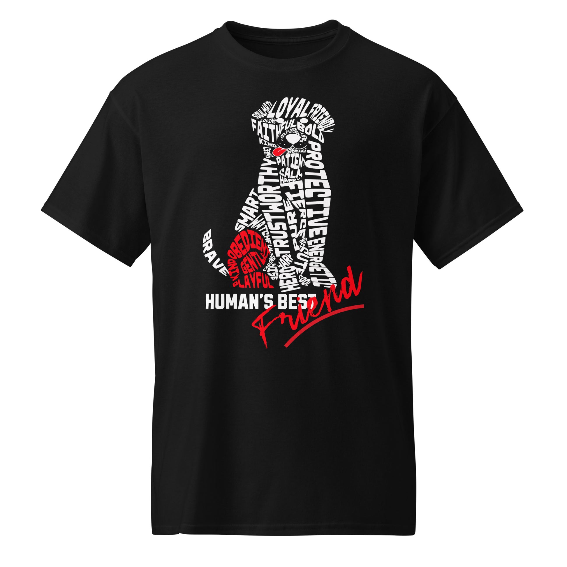 Unisex t-shirt with “Human’s Best Friend” dog silhouette made of typography words, red accent heart and text, DryBlend sports tee by LostLogicCo Canada
