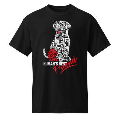 Unisex t-shirt with “Human’s Best Friend” dog silhouette made of typography words, red accent heart and text, DryBlend sports tee by LostLogicCo Canada