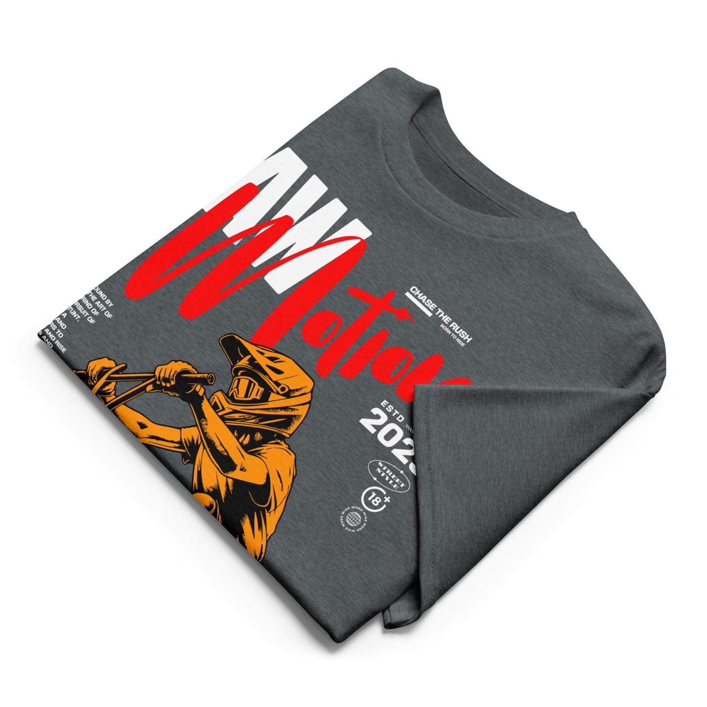 Unisex t-shirt with orange BMX rider design and “RAW Motion 2025” text, high-energy sports graphic tee by LostLogicCo Canada