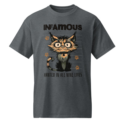 Unisex t-shirt with cartoon cat mugshot and “Infamous Cat” text, funny animal graphic tee by LostLogicCo Canada