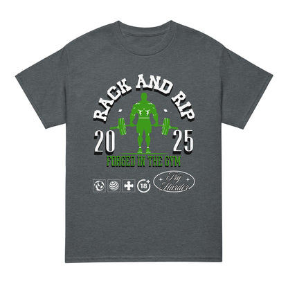 Unisex fitness t-shirt with “RACK AND RIP Forged in the Gym” design featuring green weightlifter, DryBlend sports tee by LostLogicCo Canada
