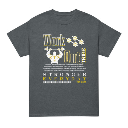 Unisex fitness t-shirt with “Work Out Tribe Stronger Everyday” motivational design featuring weightlifter graphic, DryBlend sports tee by LostLogicCo Canada