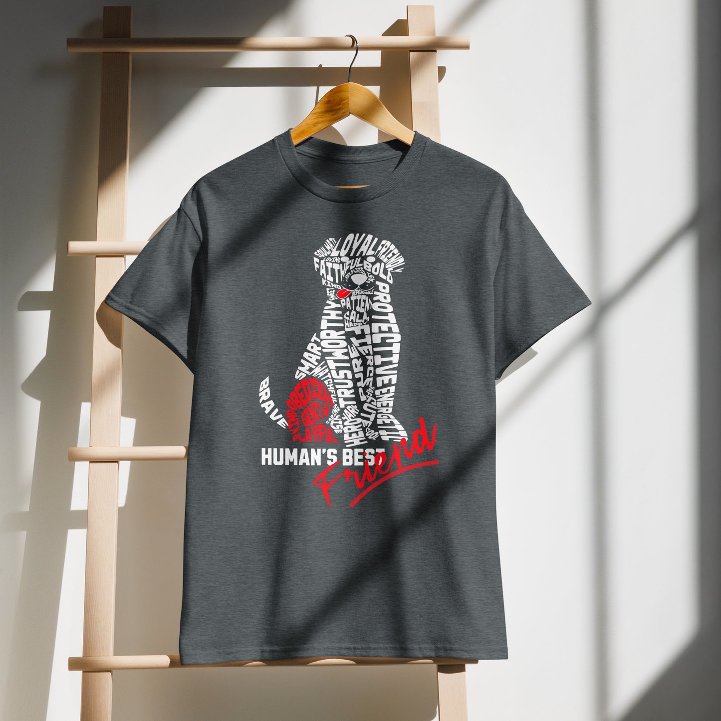 Unisex t-shirt with “Human’s Best Friend” dog silhouette made of typography words, red accent heart and text, DryBlend sports tee by LostLogicCo Canada
