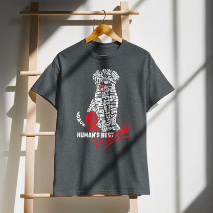 Unisex t-shirt with “Human’s Best Friend” dog silhouette made of typography words, red accent heart and text, DryBlend sports tee by LostLogicCo Canada
