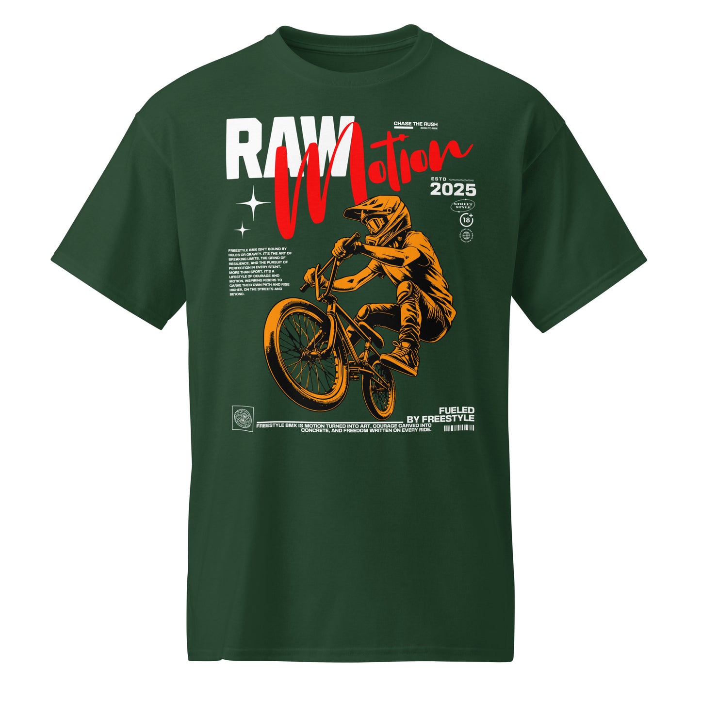 Unisex t-shirt with orange BMX rider design and “RAW Motion 2025” text, high-energy sports graphic tee by LostLogicCo Canada