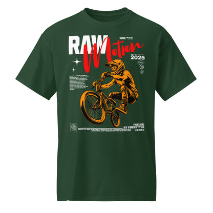 Unisex t-shirt with orange BMX rider design and “RAW Motion 2025” text, high-energy sports graphic tee by LostLogicCo Canada