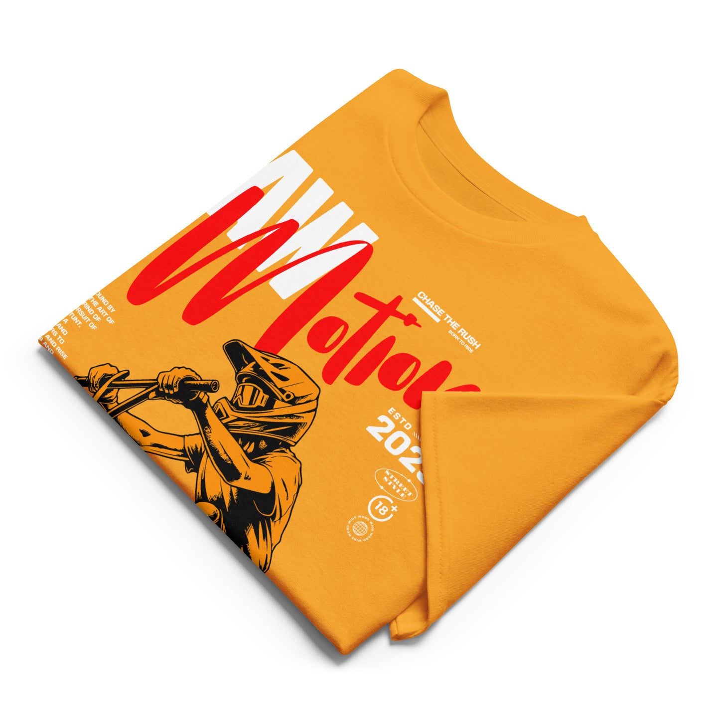 Unisex t-shirt with orange BMX rider design and “RAW Motion 2025” text, high-energy sports graphic tee by LostLogicCo Canada