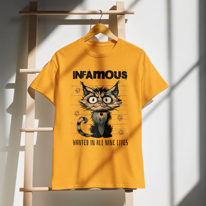 Unisex t-shirt with cartoon cat mugshot and “Infamous Cat” text, funny animal graphic tee by LostLogicCo Canada