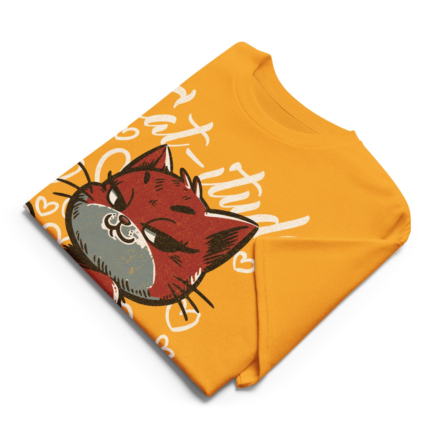 Unisex t-shirt with “Cat-itude Get Used to It Human” design featuring red cat illustration and hearts, DryBlend sports tee by LostLogicCo Canada