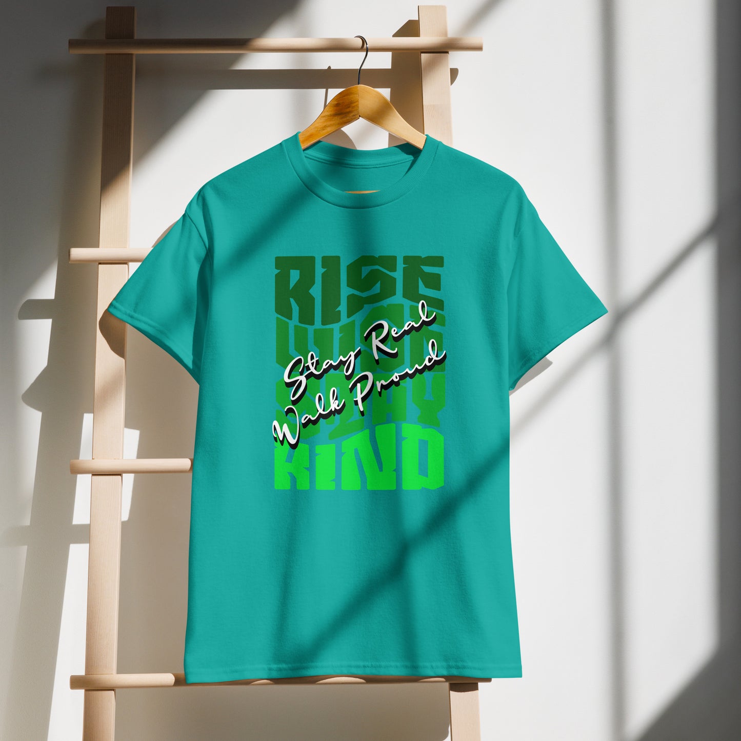 Unisex typography t-shirt with “Rise Wise Stay Kind” and “Stay Real Walk Proud” design, moisture-wicking sports tee by LostLogicCo Canada