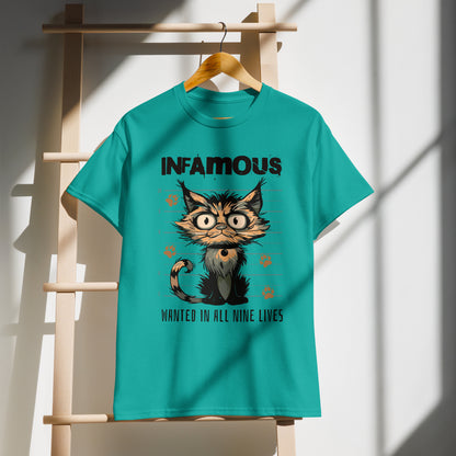 Unisex t-shirt with cartoon cat mugshot and “Infamous Cat” text, funny animal graphic tee by LostLogicCo Canada