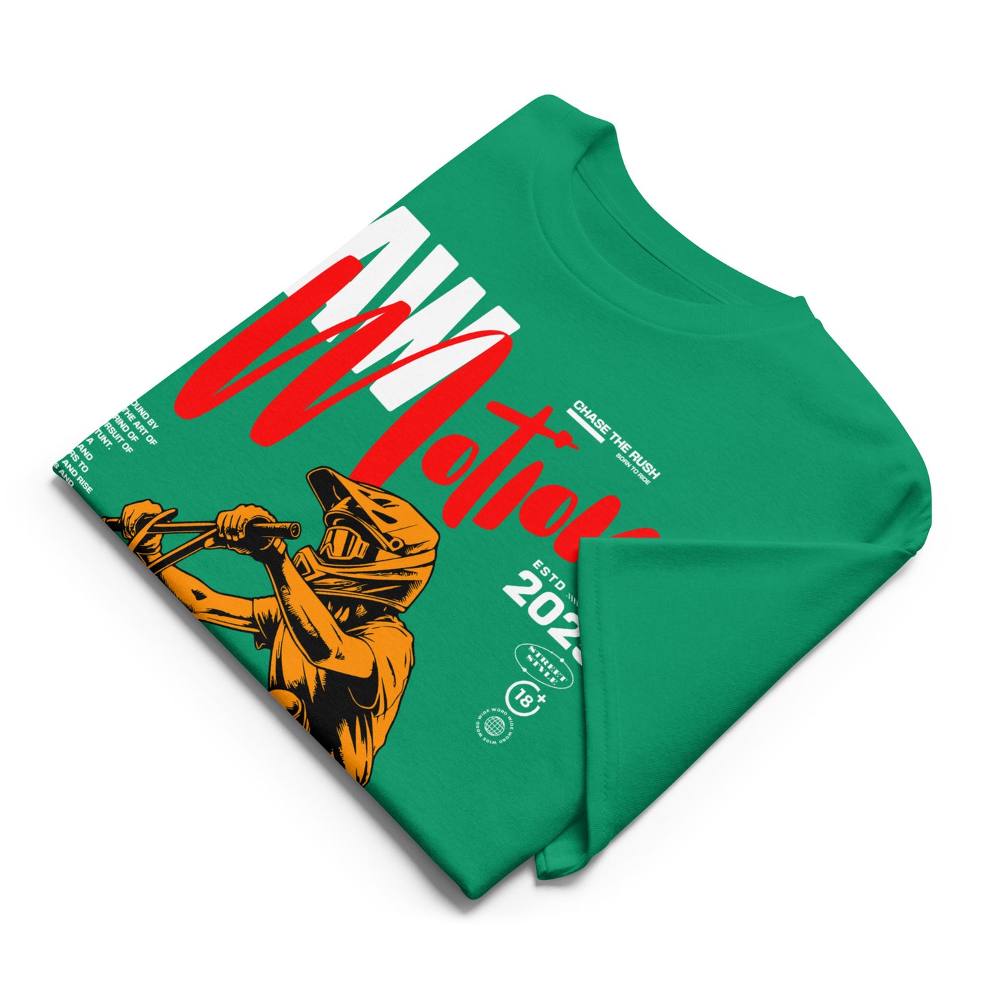 Unisex t-shirt with orange BMX rider design and “RAW Motion 2025” text, high-energy sports graphic tee by LostLogicCo Canada