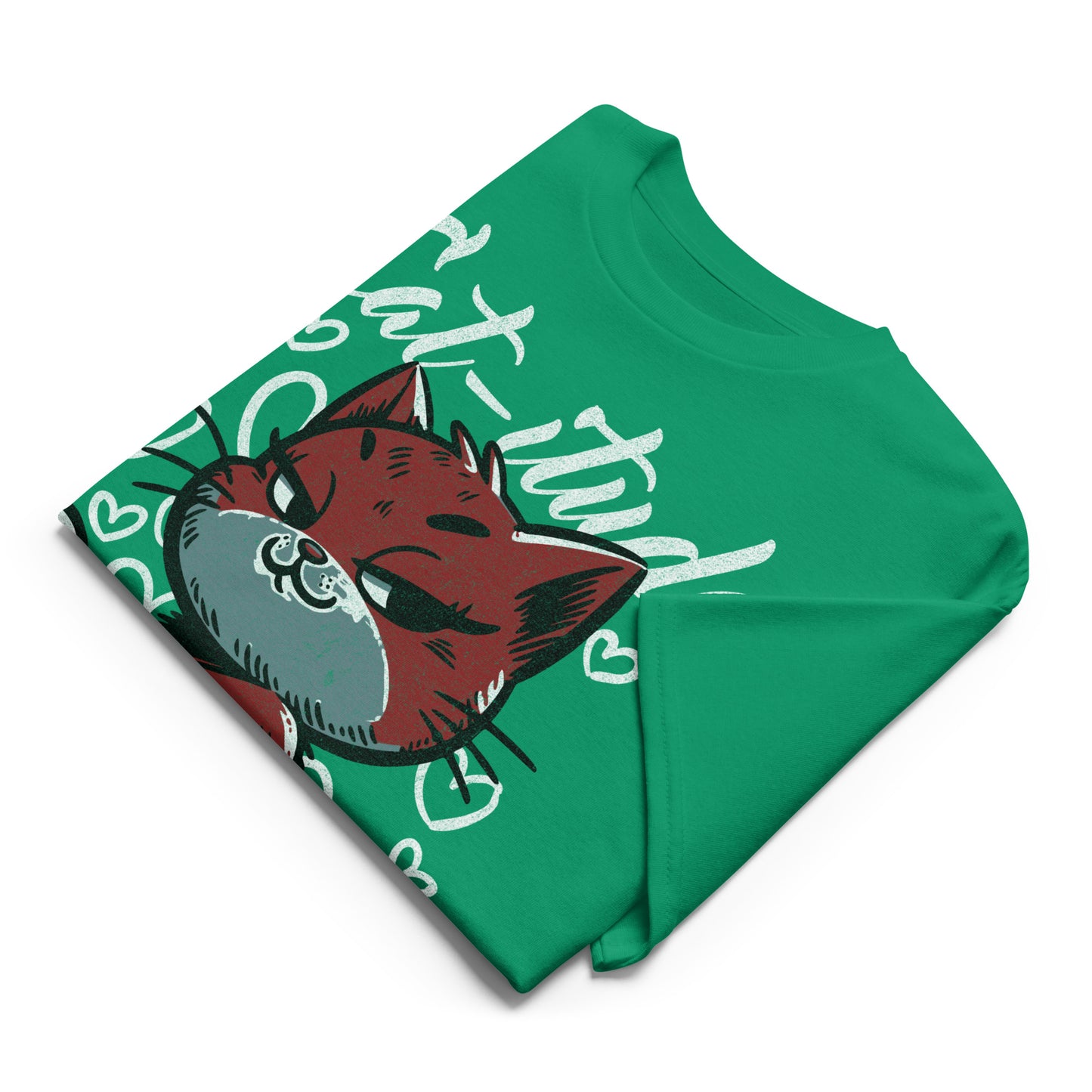 Unisex t-shirt with “Cat-itude Get Used to It Human” design featuring red cat illustration and hearts, DryBlend sports tee by LostLogicCo Canada