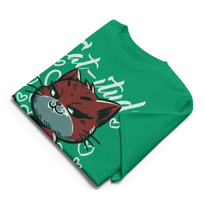 Unisex t-shirt with “Cat-itude Get Used to It Human” design featuring red cat illustration and hearts, DryBlend sports tee by LostLogicCo Canada