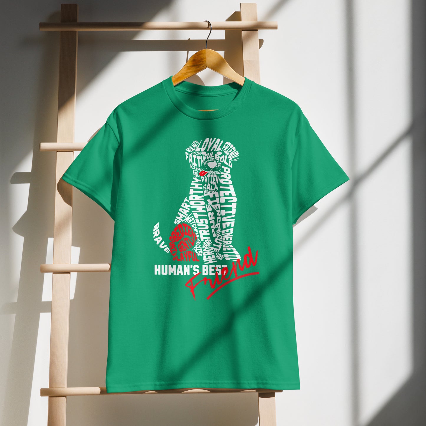 Unisex t-shirt with “Human’s Best Friend” dog silhouette made of typography words, red accent heart and text, DryBlend sports tee by LostLogicCo Canada