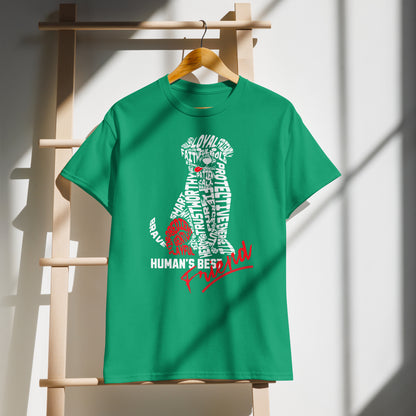 Unisex t-shirt with “Human’s Best Friend” dog silhouette made of typography words, red accent heart and text, DryBlend sports tee by LostLogicCo Canada