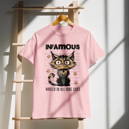 Unisex t-shirt with cartoon cat mugshot and “Infamous Cat” text, funny animal graphic tee by LostLogicCo Canada