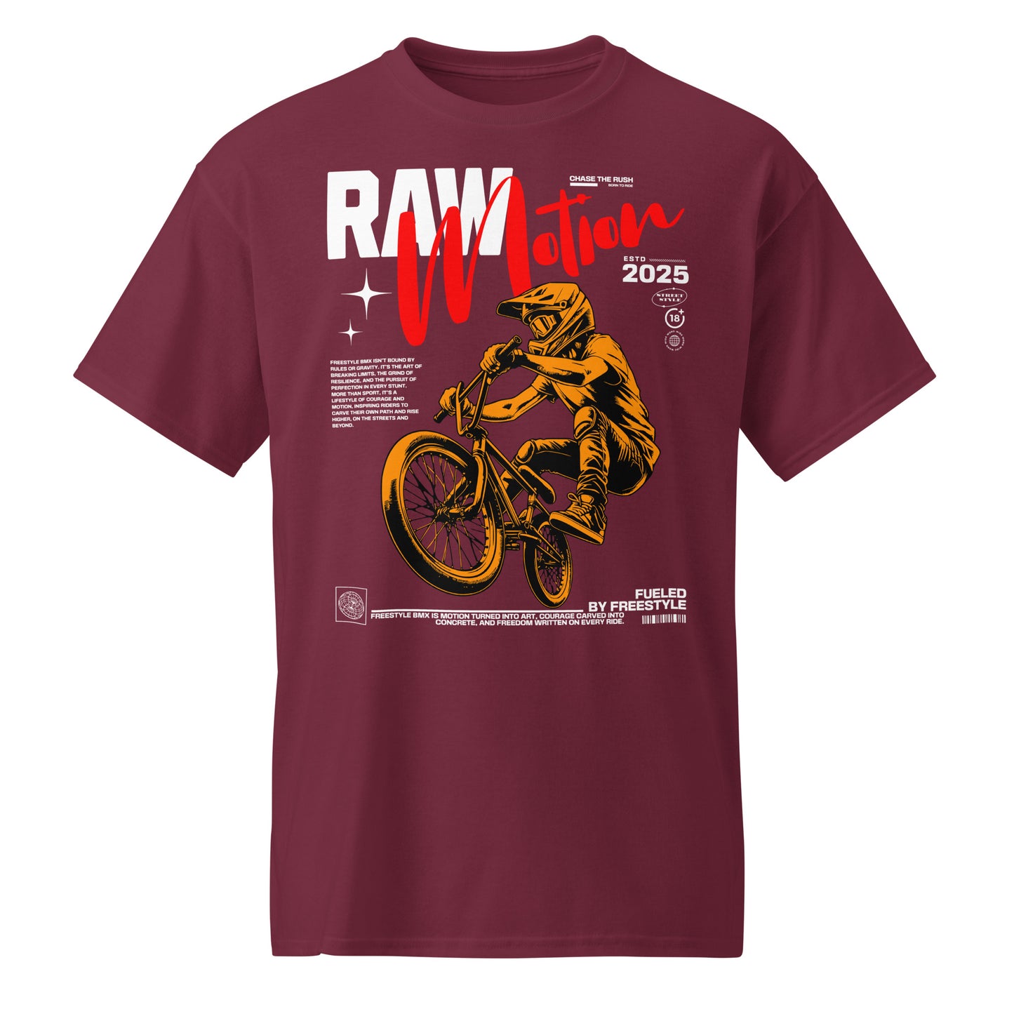 Unisex t-shirt with orange BMX rider design and “RAW Motion 2025” text, high-energy sports graphic tee by LostLogicCo Canada