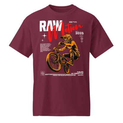 Unisex t-shirt with orange BMX rider design and “RAW Motion 2025” text, high-energy sports graphic tee by LostLogicCo Canada