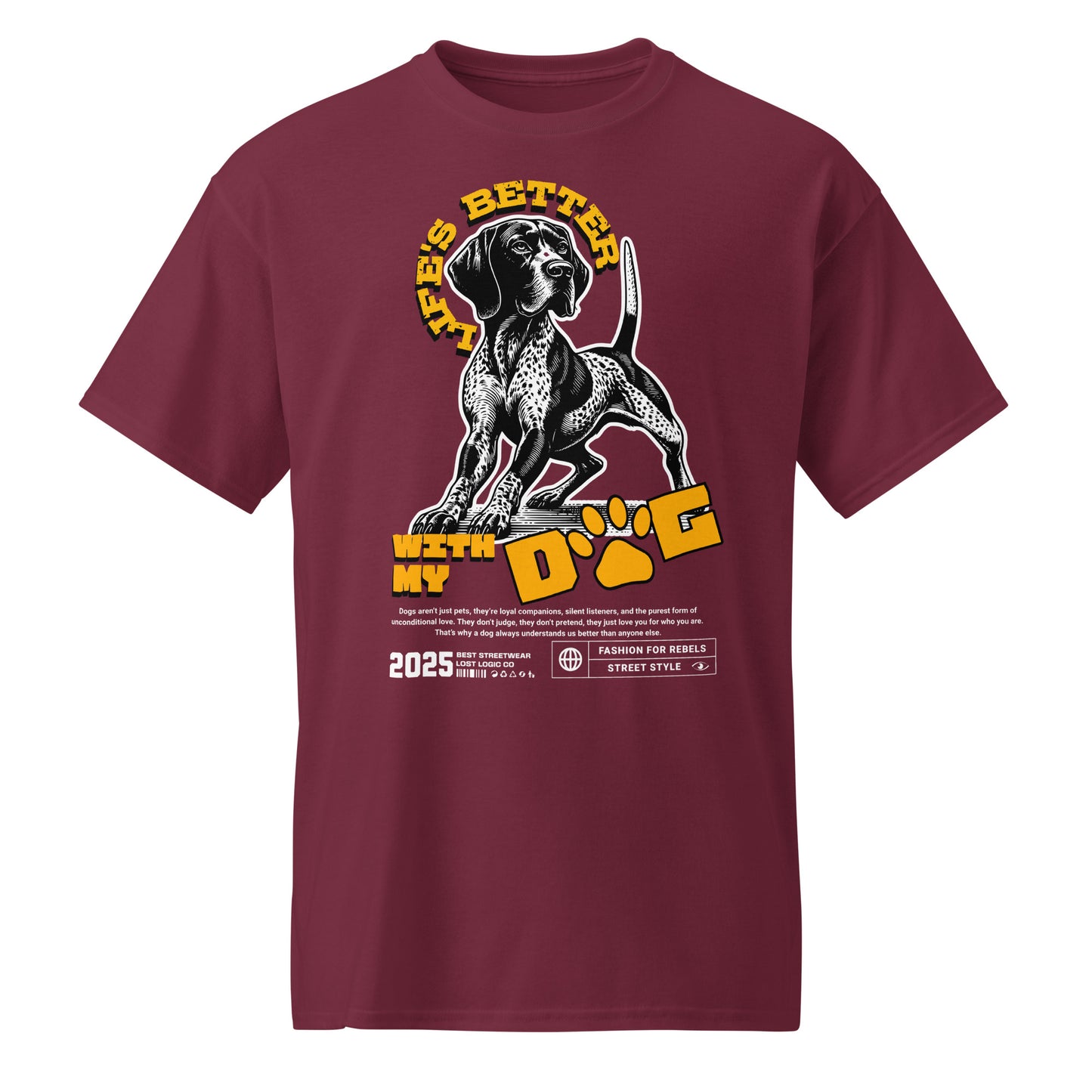 Unisex t-shirt with “Life’s Better With My Dog” graphic and paw print, pet lover tee by LostLogicCo Canada