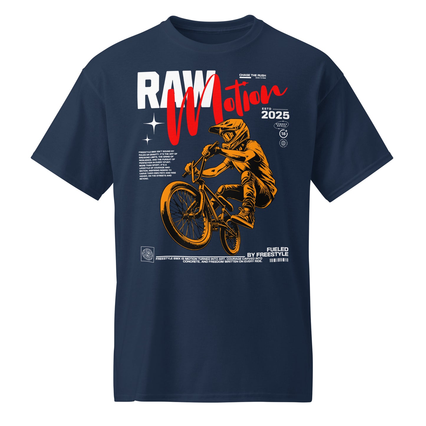 Unisex t-shirt with orange BMX rider design and “RAW Motion 2025” text, high-energy sports graphic tee by LostLogicCo Canada