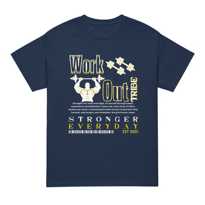 Unisex fitness t-shirt with “Work Out Tribe Stronger Everyday” motivational design featuring weightlifter graphic, DryBlend sports tee by LostLogicCo Canada