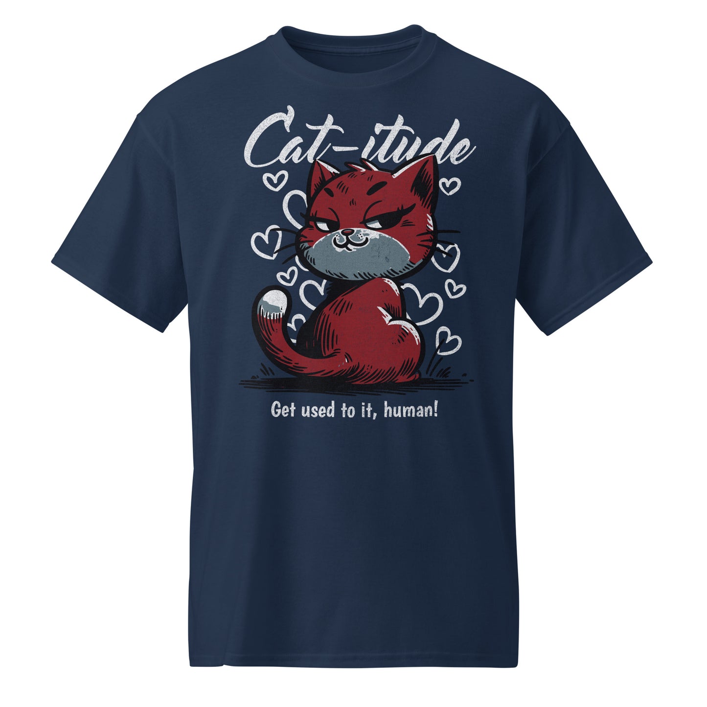 Unisex t-shirt with “Cat-itude Get Used to It Human” design featuring red cat illustration and hearts, DryBlend sports tee by LostLogicCo Canada